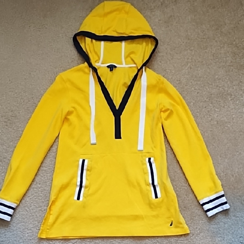 Nautica 100% Cotton Split Neck Colorblock Hoodie Size XS Yellow Black White
